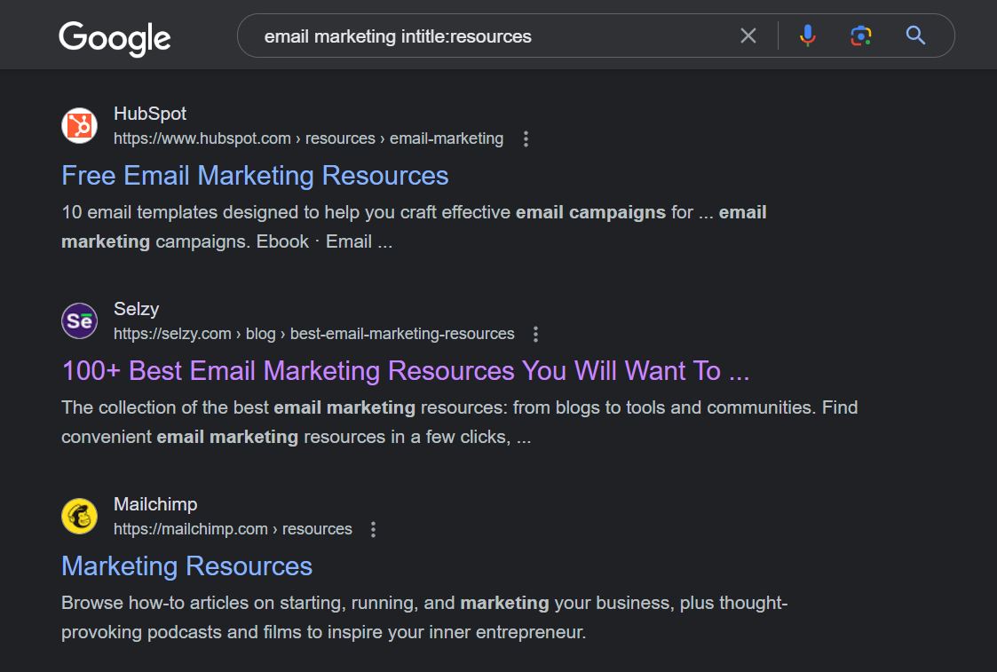 email marketing resource page query